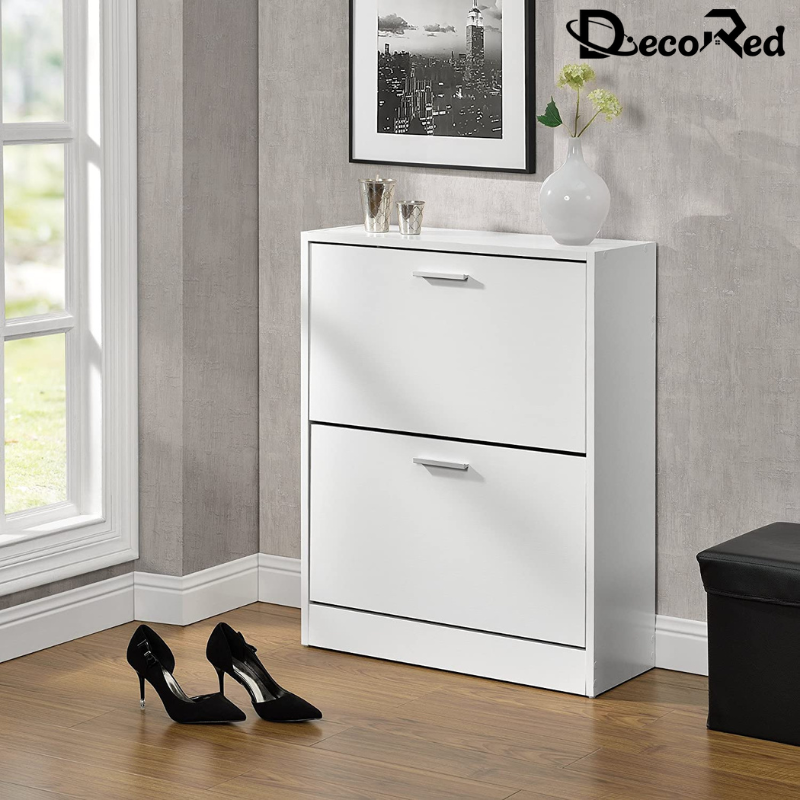 خزانة أحذية خشبية بطابقين بلون ابيض لامع