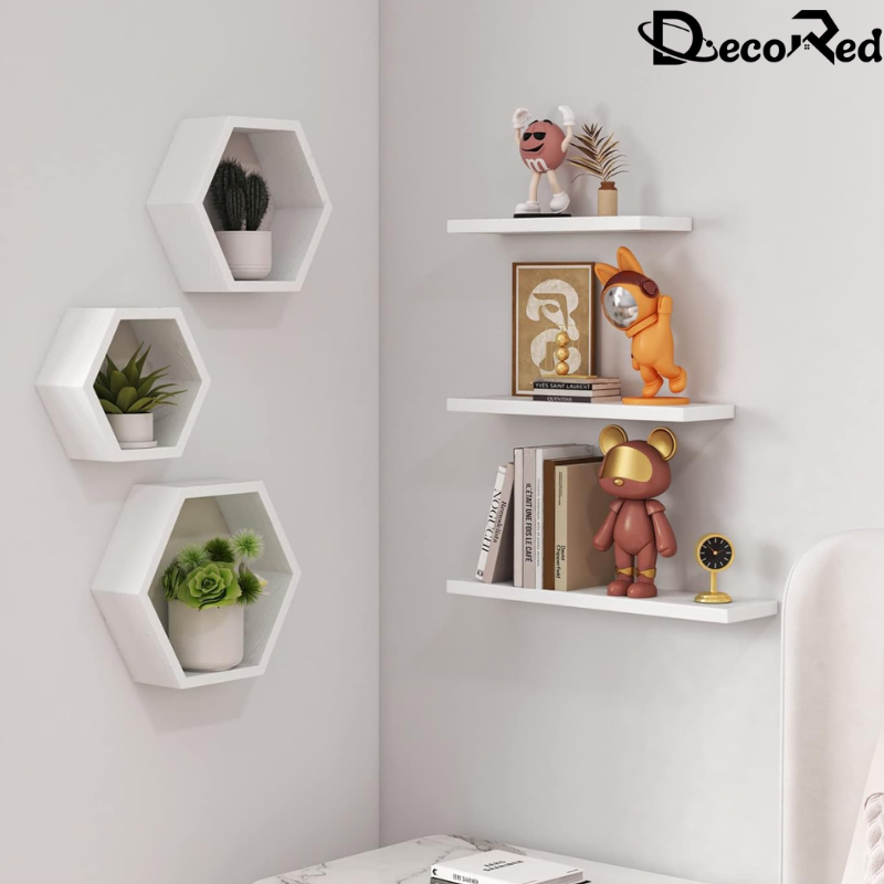 أرفف خشبية سداسية مثبتة على الحائط