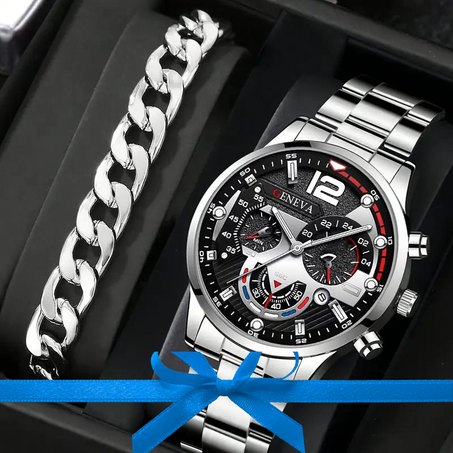 مجموعة سوار وساعة يد رجالية كوارتز مزودة بتقويم بتصميم عصري مناسب للعمل من الفولاذ المقاوم للصدأ