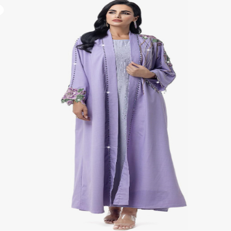 فستان عباية إسلامي أنيق بأكمام طويلة، عباية مع تطريز وخرز مخيط يدويًا - قطعة واحدة