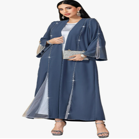 عباية إسلامية بتصميم فستان محتشم مفتوح من الأمام بأكمام طويلة ونمط مطرز يدويا بأحجار الراين والخرز للنساء، قطعة واحدة