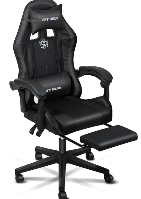 كرسي العاب مرتفع - سكاي تاتش كمبيوتر قابل للتعديل مصنوع - الجلد الصناعي بتصميم مريح لدعم اسفل الظهر مزود بمسند راس وذراع لون اسود حديد
