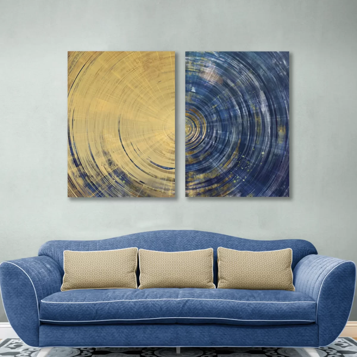 Blue gold abstract paint circles set x2