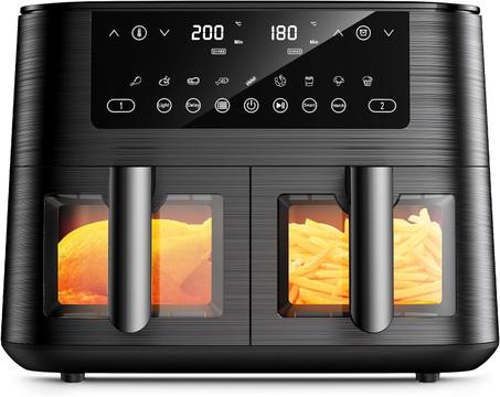 9L Dual Zone Heißluftfritteuse – Doppel-Airfryer mit Touchscreen, 9-in-1-Funktionen und Timer für fettfreies Kochen.