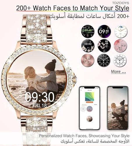 ساعة ذكية للنساء (الرد على المكالمات) من تي دي زد دي دي واي اس بأكثر من 200 شكل، متتبع اللياقة البدنية لنظام اندرويد شاشة iOS، 1.32 بوصة HD، مقاومة للماء IP67 مراقب BP/HR والنوم والدورة الشهر