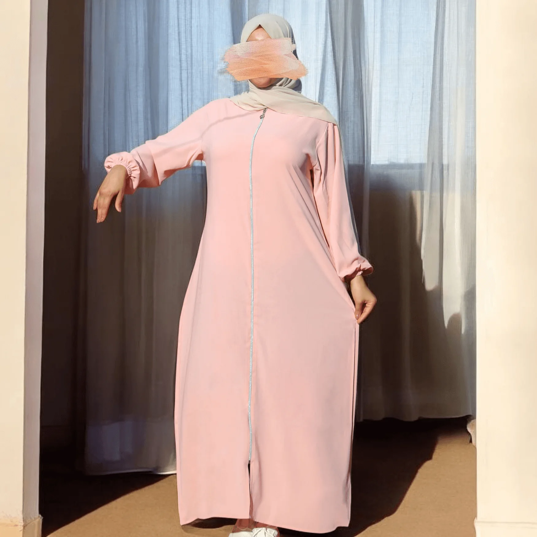 Abaya Hijab avec Fermeture éclair Manches bishop - 4 Couleurs