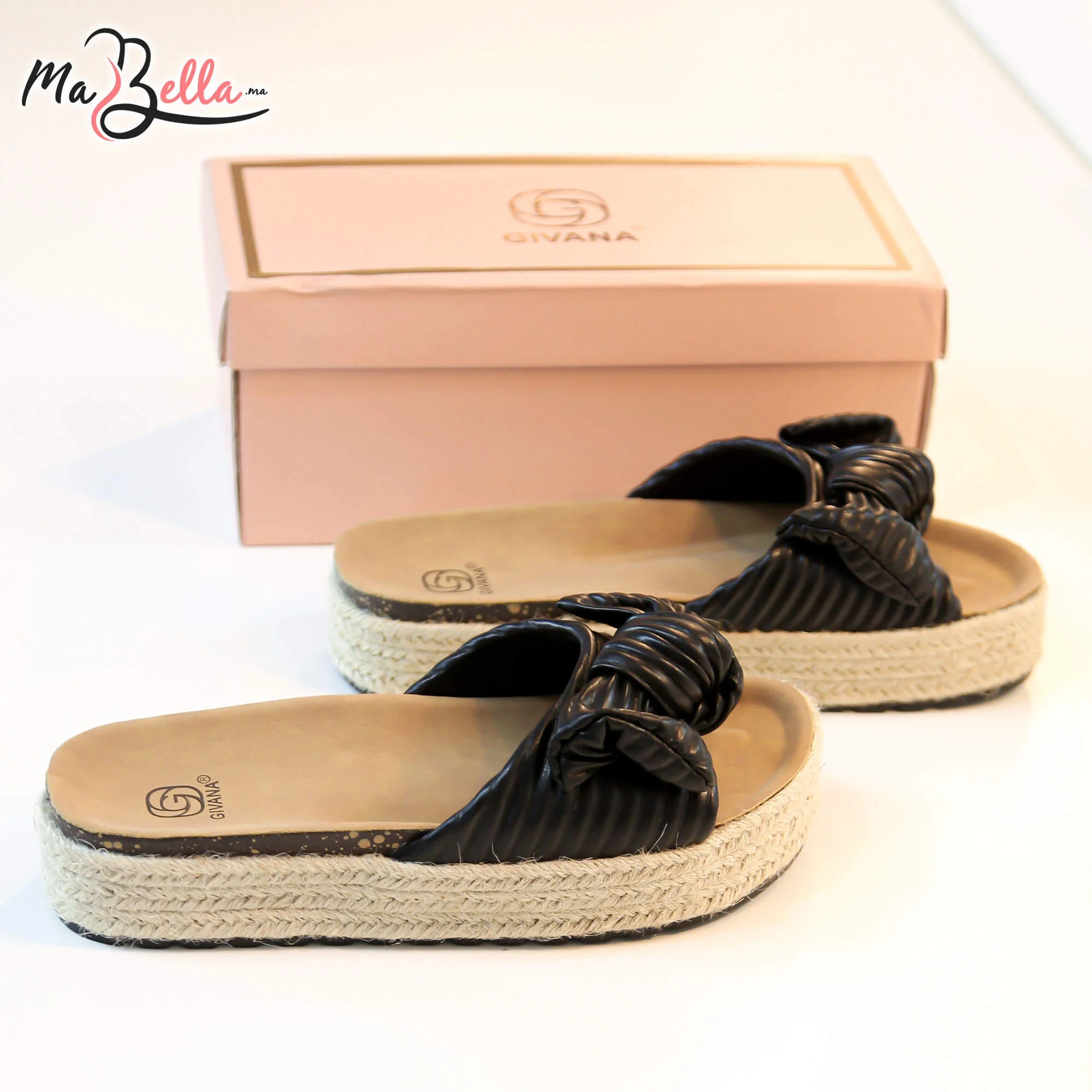 Sandale Plate à Nœud Décoratif - Noir - LEE090