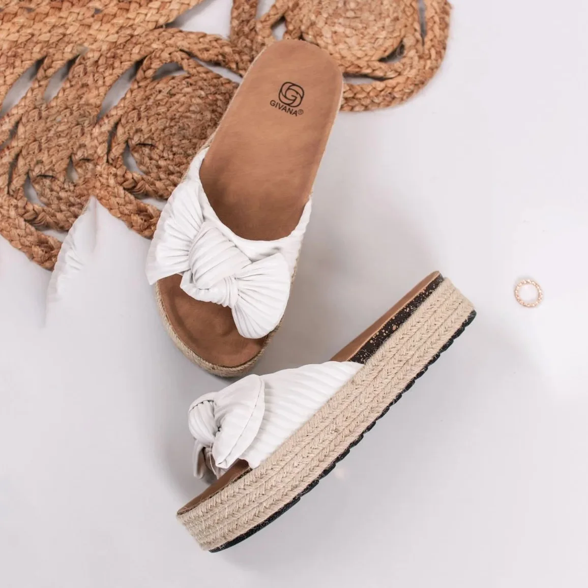 Sandale Plate à Nœud Décoratif - Blanc - LEE90