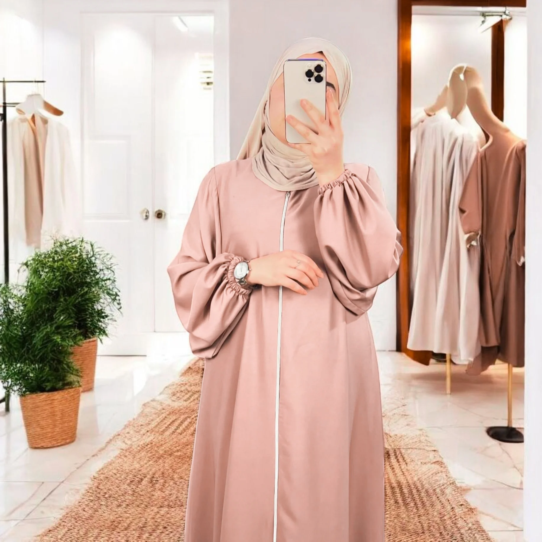 Abaya Hijab avec Fermeture éclair Manches bishop - 4 Couleurs