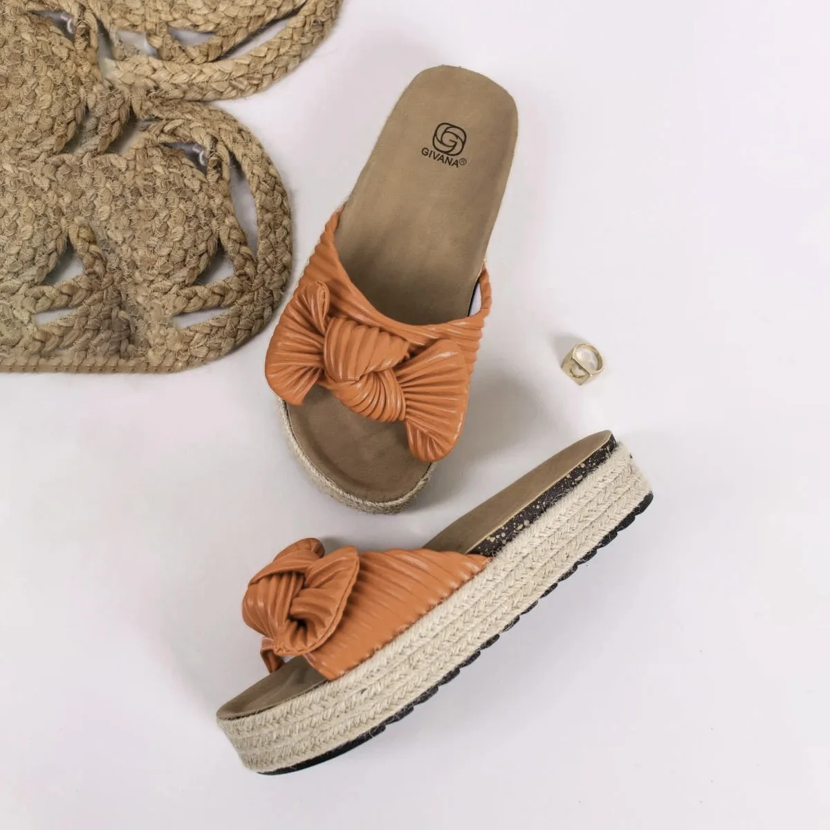 Sandale Plate à Nœud Décoratif - Camel