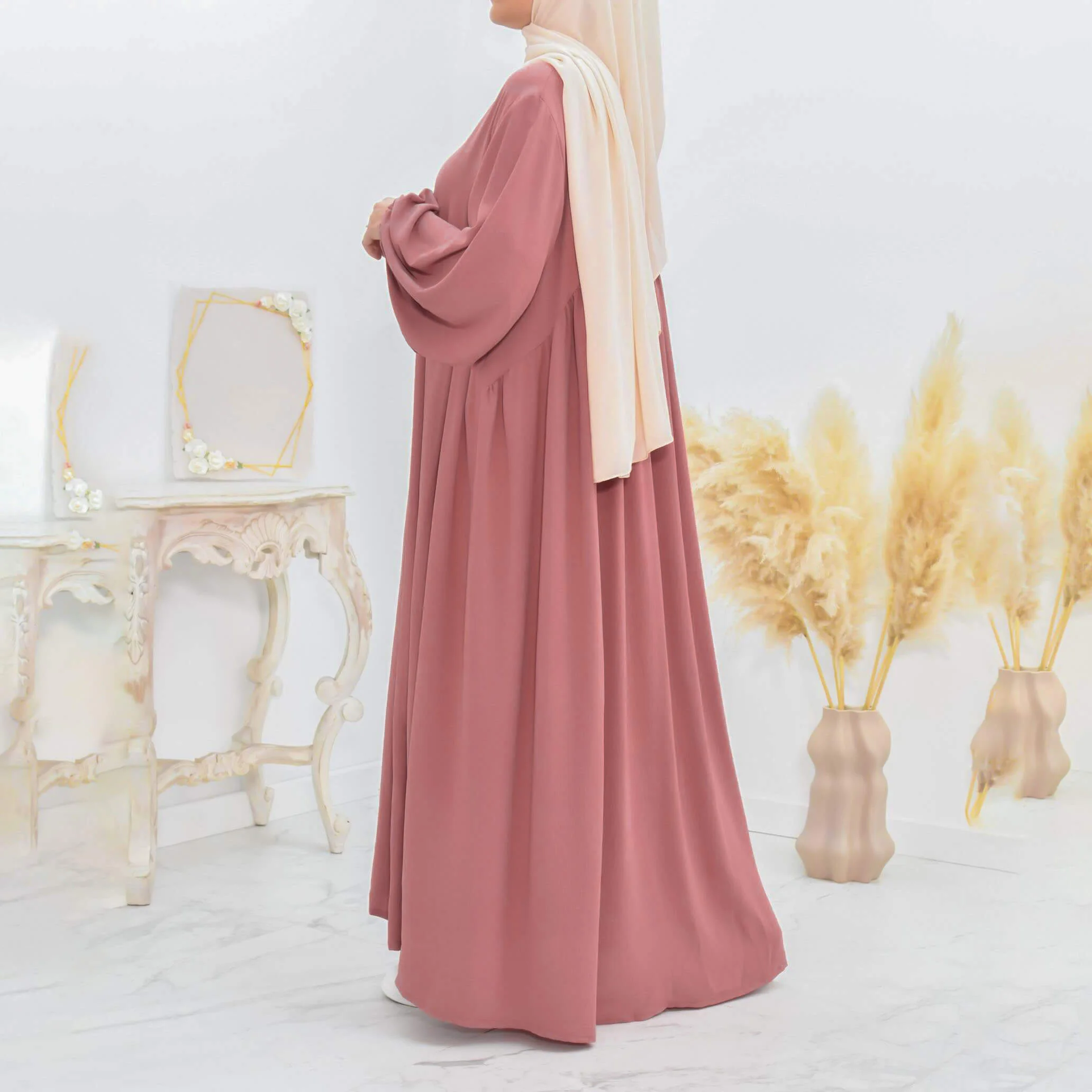 Abaya Manches Bouffantes ample et fluide - Rose