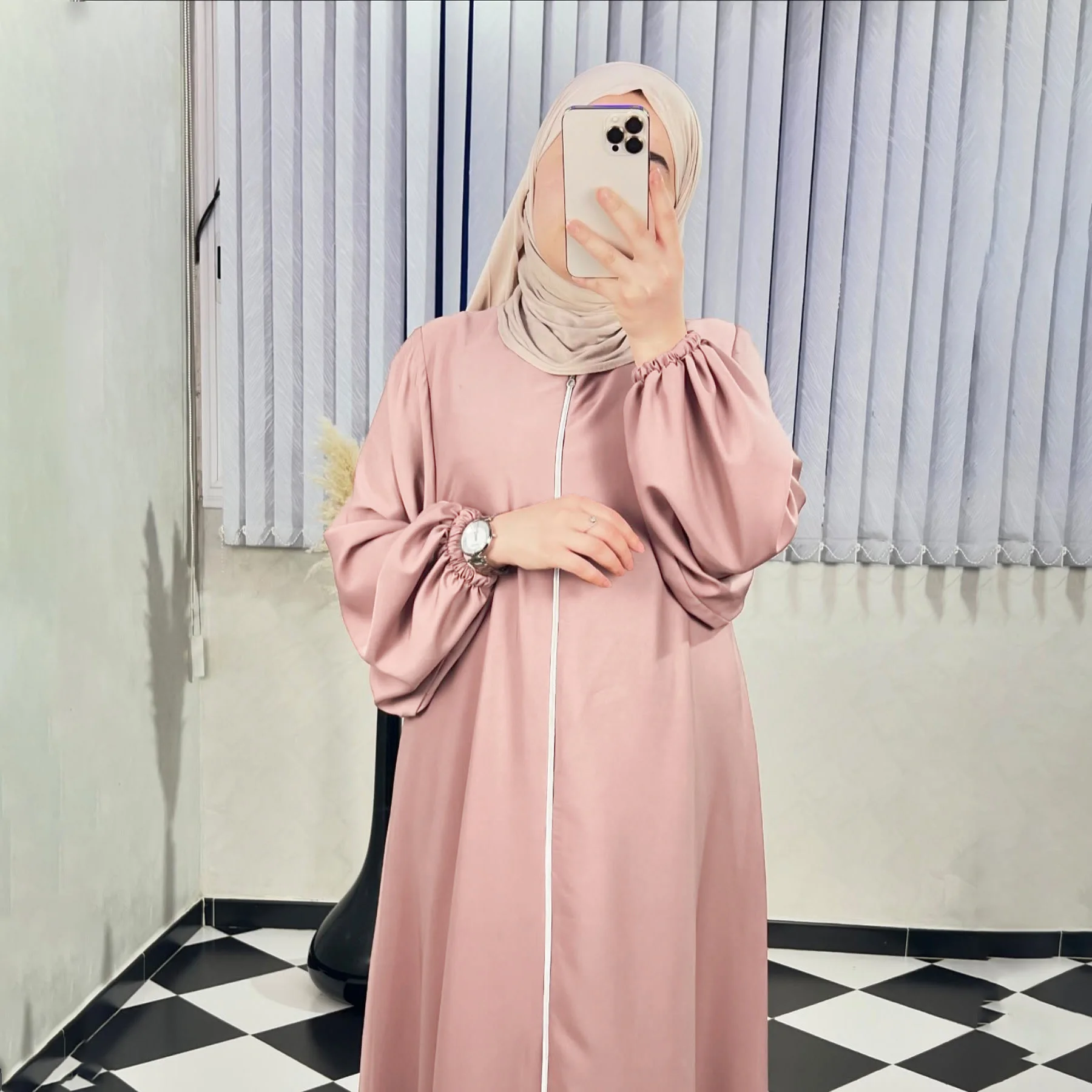 Abaya Hijab avec Fermeture éclair Manches bishop - 4 Couleurs