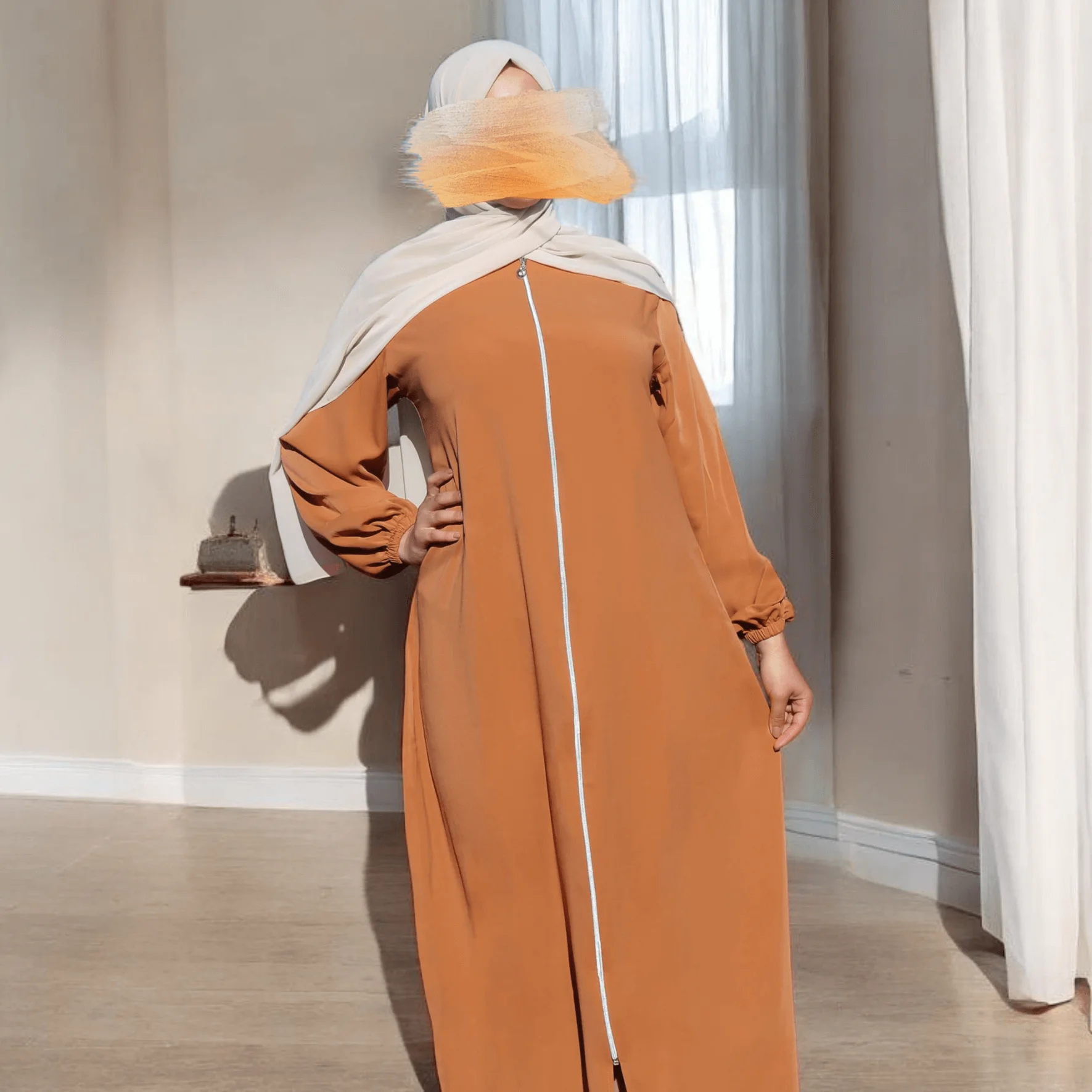 Abaya Hijab avec Fermeture éclair Manches bishop - 4 Couleurs