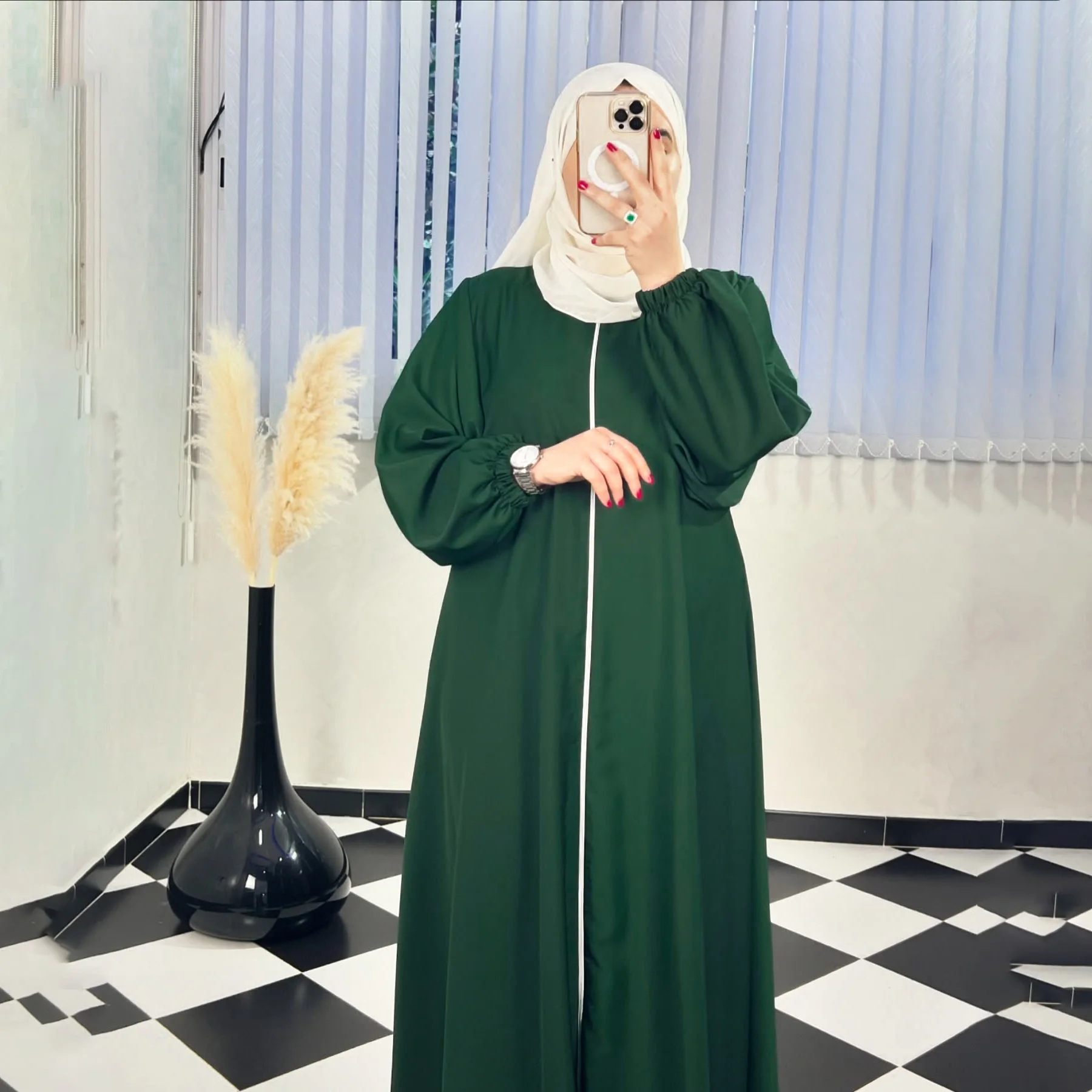 Abaya Hijab avec Fermeture éclair Manches bishop - 4 Couleurs