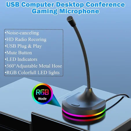 RGB Light Microphone 3 USB Ports Hub Plug and Play Noise Cancelling Desktop Mic