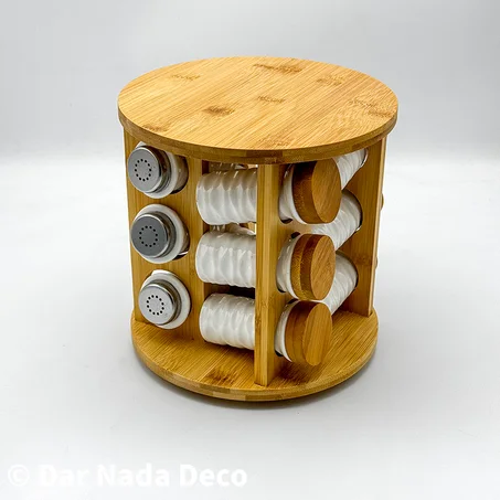 Présentoir à épices rotatif en bambou avec pots en céramique 12 pcs