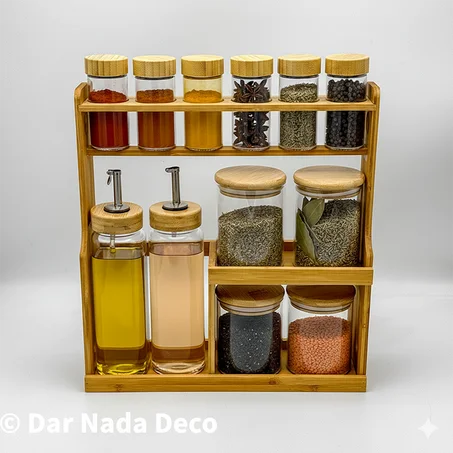 Ensemble de 10 Pots à Epices et 2 Bouteilles d’Huile avec Support en bambou