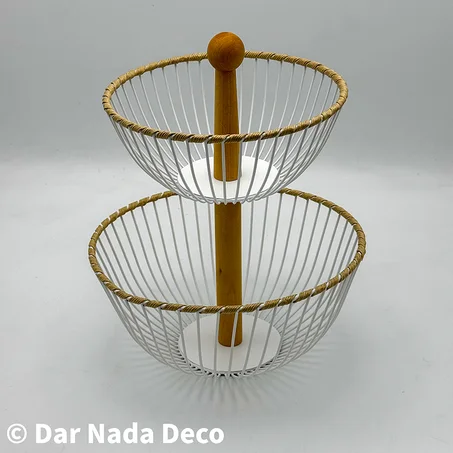 Corbeille à fruits à deux niveaux en métal et bois