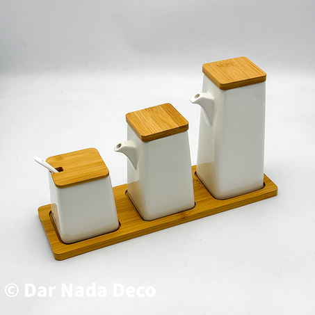 Set de distributeurs en céramique avec couvercles en bambou