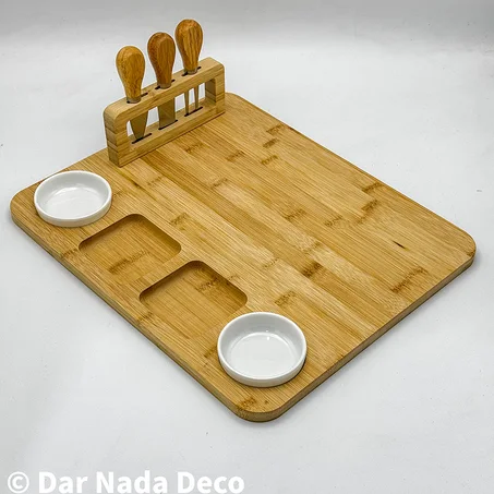Planche Apéritive en Bambou avec Couteaux à Fromage et Coupelles Céramiques