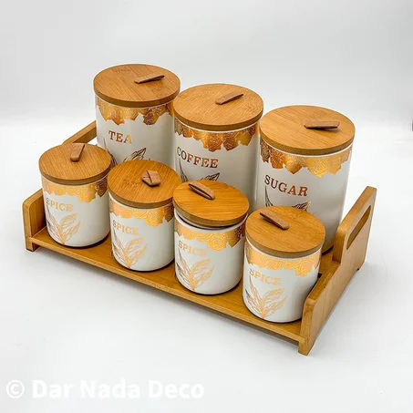 Ensemble de pots de cuisine en céramique avec couvercles en bambou