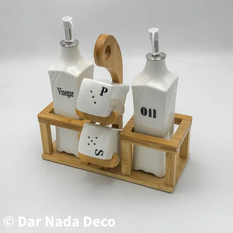 Distributeur de vinaigre d'huile et sel avec support en bambou
