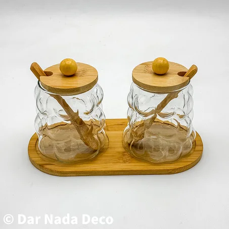Set de 2 Pots à Épices en Verre avec Couvercle Bambou et Support Bois