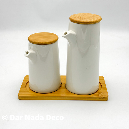 Ensemble de distributeurs d'huile et de vinaigre en céramique et bambou