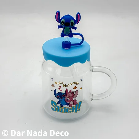 Tasse en verre avec couvercle et paille motif Stitch