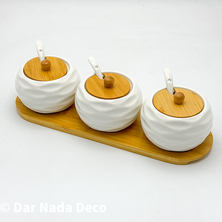 Set de 3 Pots à Épices en Céramique avec Couvercles en bambou