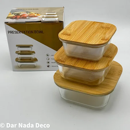 Lot de 3 boîtes de conservation en verre avec couvercles en bambou