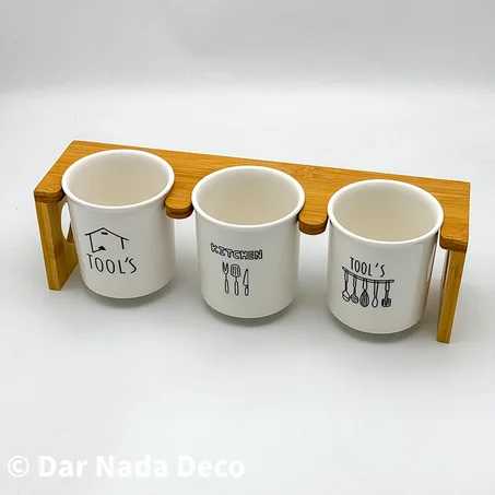Set de 3 pots en céramique avec support en bambou pour ustensiles