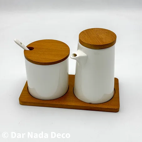 Sucrier et pot à lait sur support en bambou