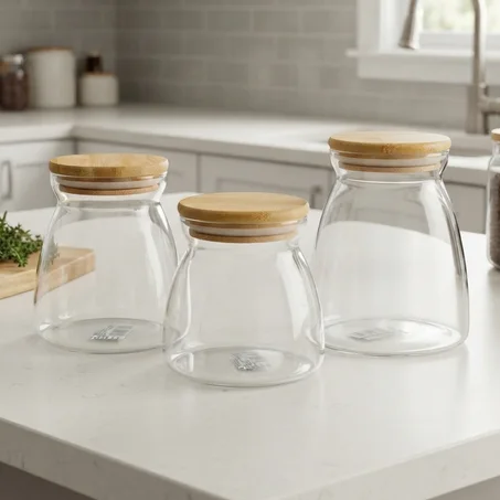 Bocal en verre avec couvercle en bambou 3 pcs