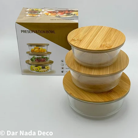 Lot de 3 boîtes de conservation en verre avec couvercles en bambou