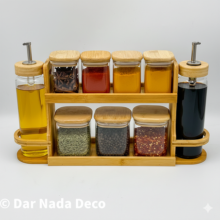 Ensemble de 7 Pots à Epices et 2 Bouteilles d’Huile avec Support en bambou