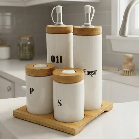 Distributeur de vinaigre d'huile et sel avec palette en bambou