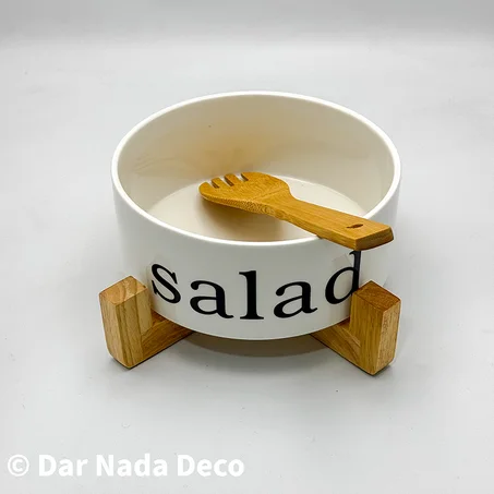 Bol à salade en céramique avec support et fourchette en bambou
