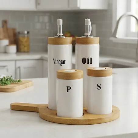 Distributeur de vinaigre d'huile et sel avec palette en bambou