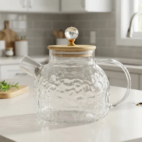 Théière en verre avec couvercle en bambou