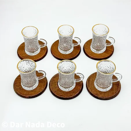 Lot de 6 tasses à café en verre martelé avec sous-tasses en bois