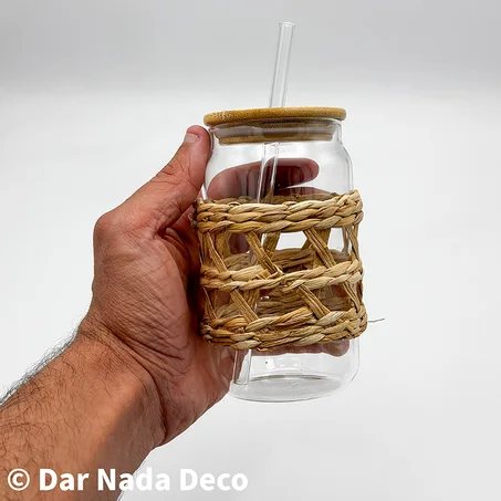 Verre avec Couvercle en Bambou et Housse Tressée Naturelle