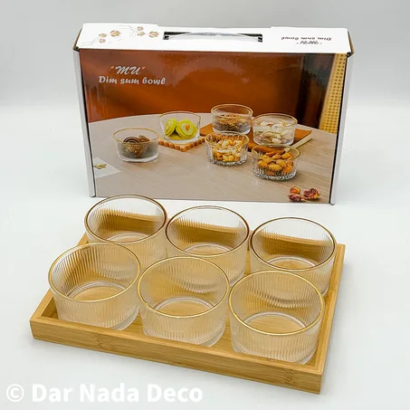 Set 6 bols en verre avec plateau en bambou