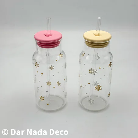 Tasse en verre avec couvercle et paille motif Stitch