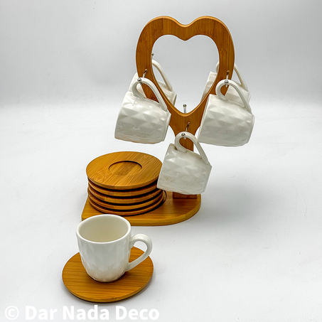Ensemble de tasses à café et support en bambou (forme cœur)