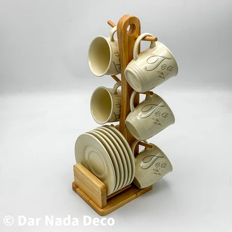 Ensemble de tasses à café et lait avec sous-tasses en céramique et support en bambou