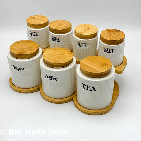 Ensemble de pots de cuisine en céramique avec couvercles en bambou