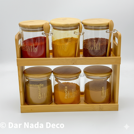 porte épice bambou 6 pièces avec support bambou
