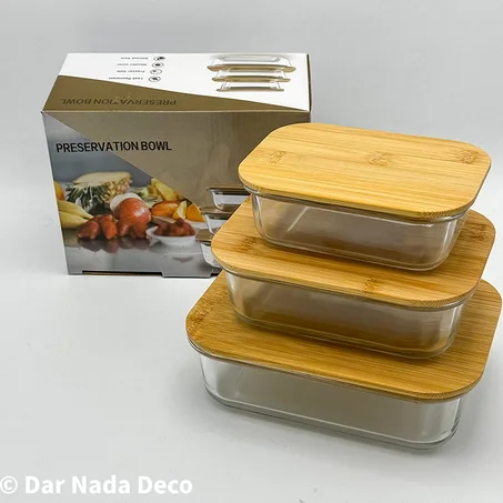 Lot de 3 boîtes de conservation en verre avec couvercles en bambou