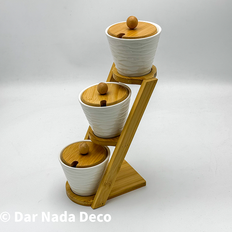 Porte épices en céramique avec couvercles et support en bambou